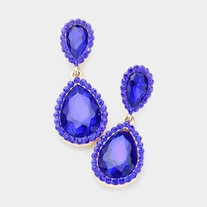 Pear Sapphire Blue Crystal Pave Trim Earrings